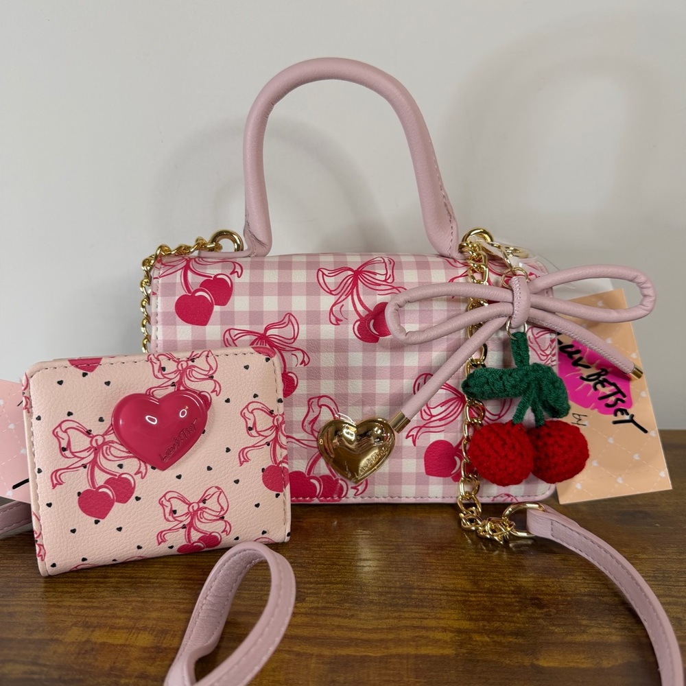 Betsey Johnson 3pc Gingham Cherry Satchel with Wallet &Heart Charm NWT